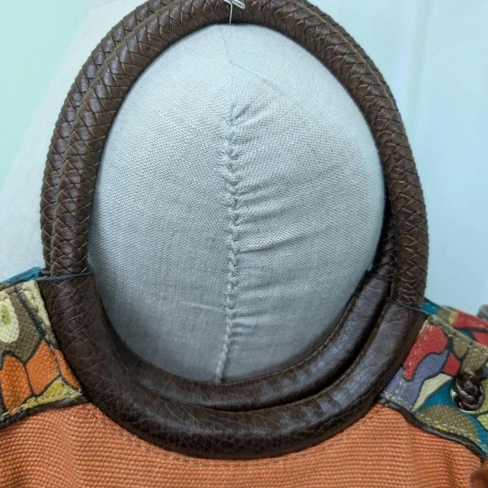 Relic orange‎ canvas purse with brown leather trim and colorful fabric
